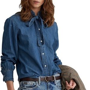 Denim tie neck shirt